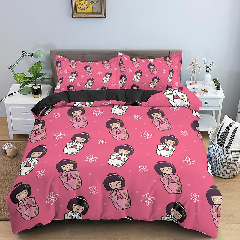 Japanese Doll Printed King Queen Duvet Cover Cartoon Lucky Cat Bedding Set For Kids Girls Fan White 2/3PCS Polyester Quilt Cover