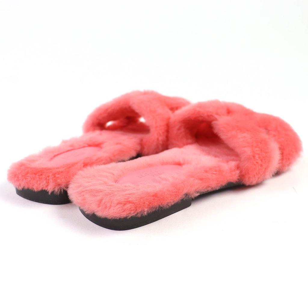 Great HERMES Mule Oran H Logo Fur Sandals Pink Sheepskin Leather 37 231288Z Used