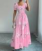 Elegant dress, floral temperament printing, European and American square collar new long dress, blue and pink.