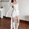 BITCED Autumn Women's Solid-Colour High-Waisted Fashion Square-Neck Long-Sleeved Lace-Panel Dress