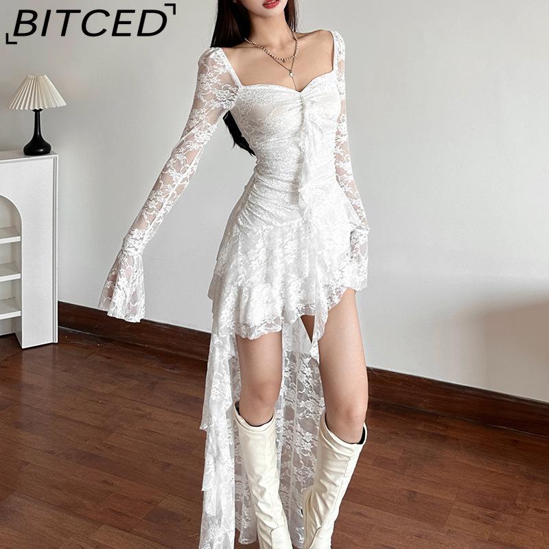 BITCED Autumn Women's Solid-Colour High-Waisted Fashion Square-Neck Long-Sleeved Lace-Panel Dress