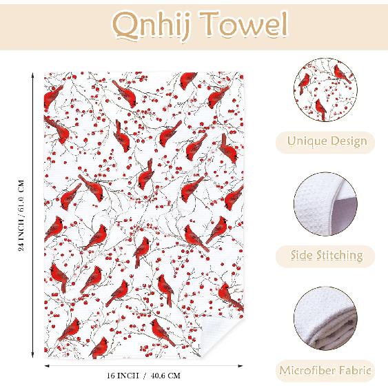 Christmas Cardinal Bird Kitchen Towels, Cardinal Gifts for Women Men, Farmhouse Red Berry Bird Decorative Hand Towels for Bathroom, Christmas Kitchen
