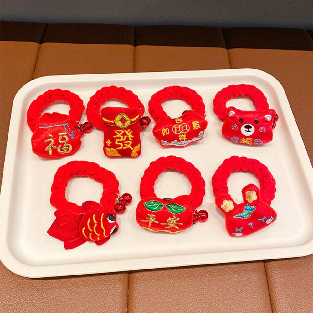 Red Envelope New Year Bell Hair Rope Pearl Children Dragon Rubber Band  New Year