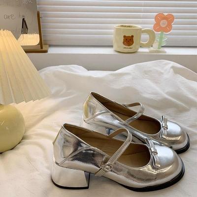 Silver Thick Heel French Mary Jane Shoes New Summer Light Mouth with Skirt Fairy Style Round Head Small Leather Shoes