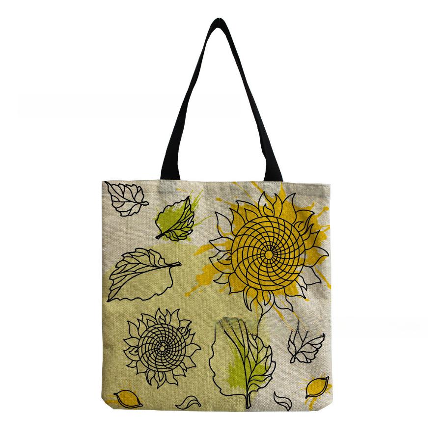 Women Vintage Linen Tote Bag - Large Capacity Sunflower Print Shoulder Handbag for Casual & Grocery Shopping KTB
