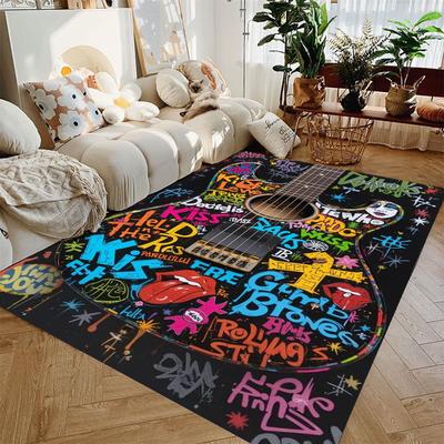 Teppich mit Gitarrenmotiv für Wohnzimmer Schlafzimmer Großer Flanell-Bereichsteppich für Schlagzeugraum Rutschfeste Bodenmatte Waschbar