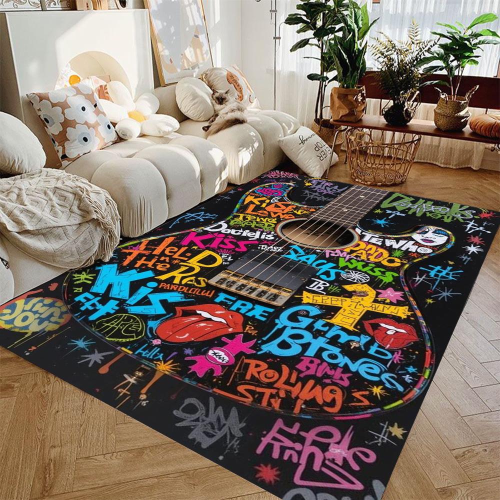 Guitar-Themed Carpet for Living Room Bedrooms Large Flannel Area Rug for Drum Kit Room Anti-slip Floor Mat Washable
