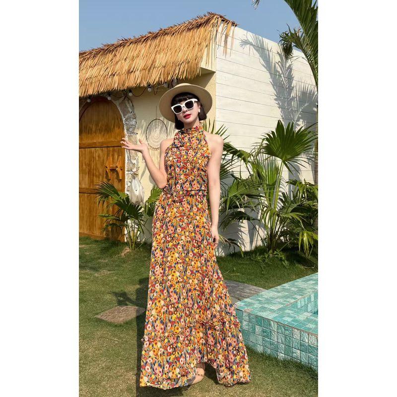 

2025 Summer New French style Artistic Romantic Floral Oil Painting Girl Dress Elegant Temperament Retro Long dress Yellow L