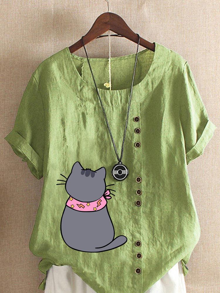 

Women s Fashion Cat Print Casual Cotton Linen Short Sleeve Round Neck T-shirt Shirt Leisure Loose Summer Blouse Tops 5XL
