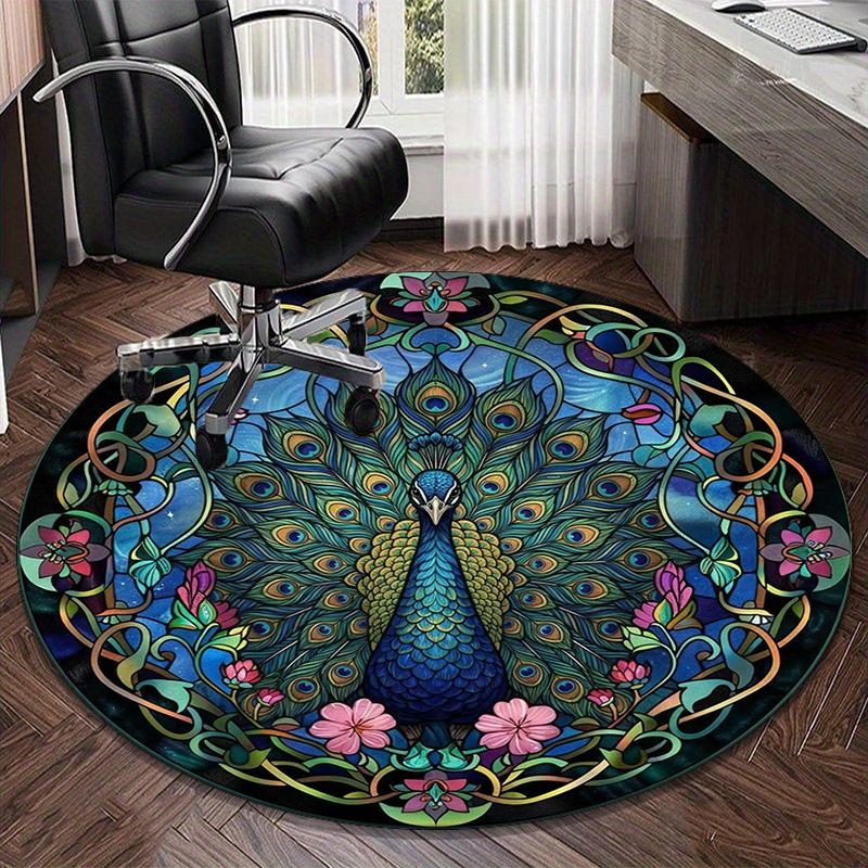 Blue Peacock Floral Art Round Carpet Chair Cushion Round Entryway Rug, Soft Round Rugs for Living Room, Bedroom, Circle Carpet Decor Gifts