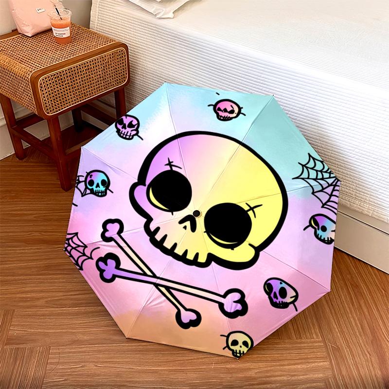 1 PC Automatic Folding Umbrella - Colorful Skulls Pattern, Portable & Foldable Design with 8 Ribs, Christmas Birthday Gifts