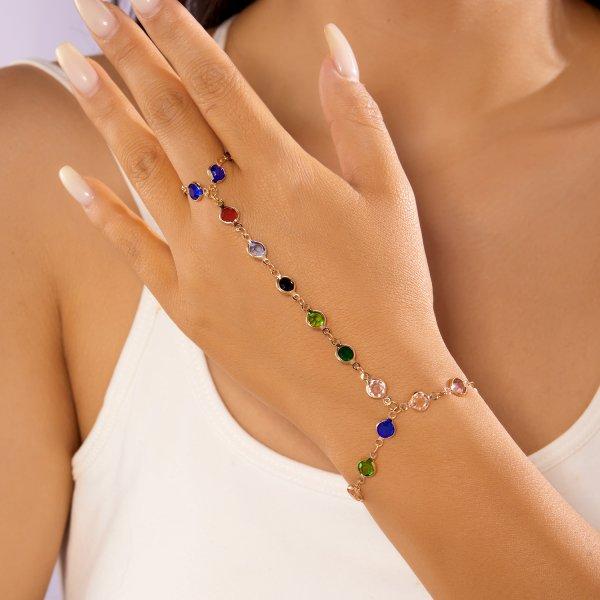 New Colorful Crystal Zircon Link Chain Connected Finger Ring Bracelet for Women Gold Color Flower Cross Bracelet Party Jewelry
