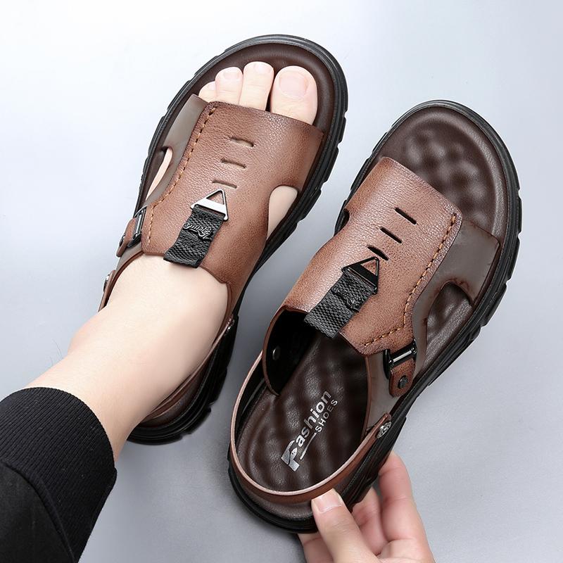 Summer Men's Boutique High-quality Top Layer Cowhide Casual Sandals Brand New Men's Open Toe Soft Sole Latex Padded Beach Shoes