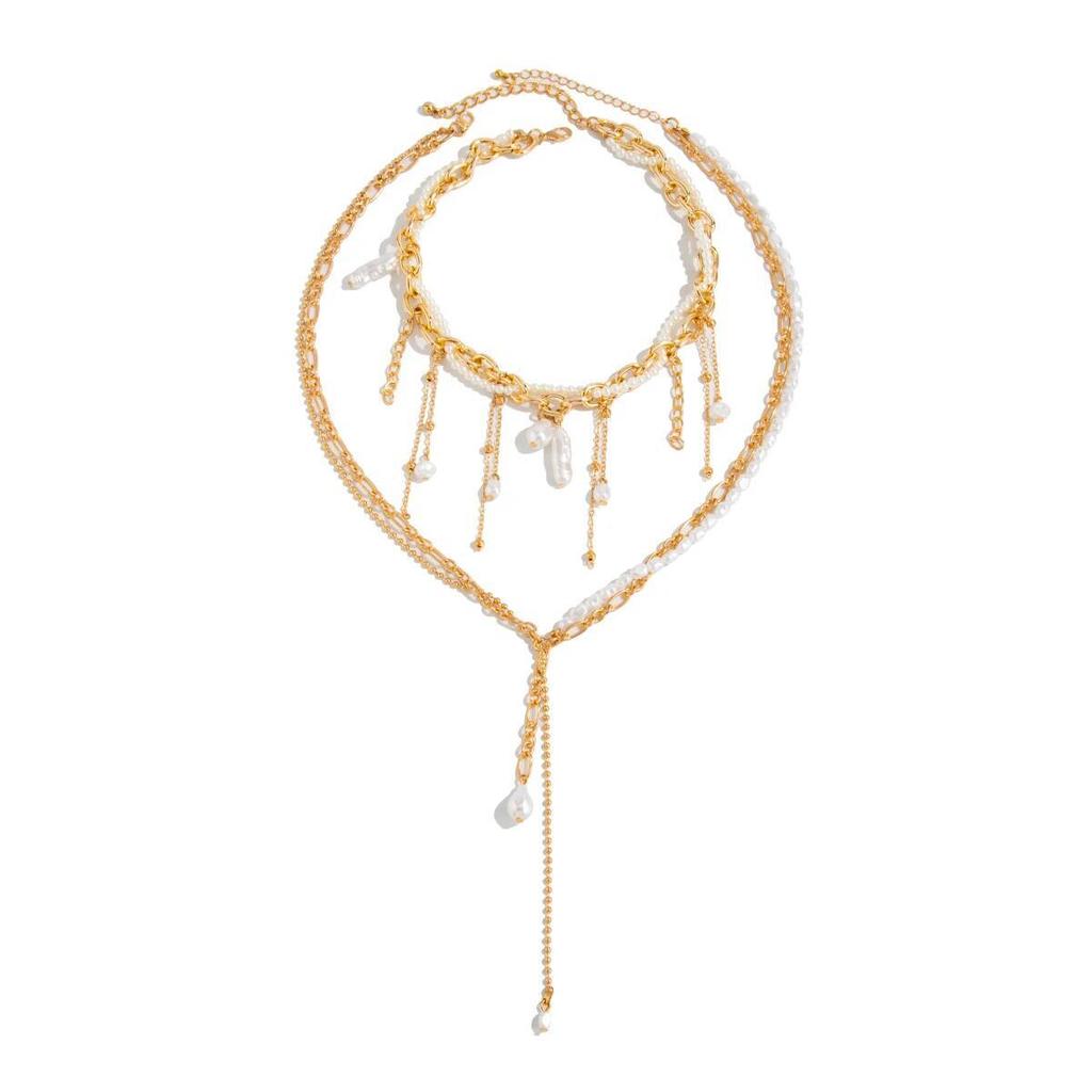 2Pcs/Set Bohemia Imitation Pearl Long Tassel Pendant Choker Necklace for Women Sexy Chest Chain Wedding Neck Jewelry