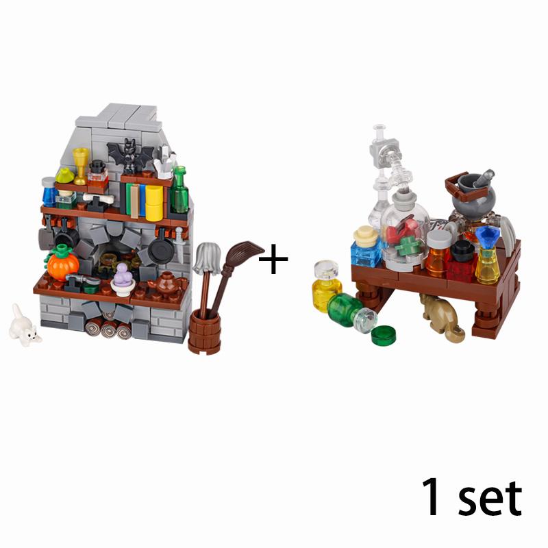 MOC Steine Mittelalter Alchemie Raum Küche Zauberer Trank Bausteine Teufelsquelle Schloss Straßenlaterne Hexen Figuren Szene Schädel