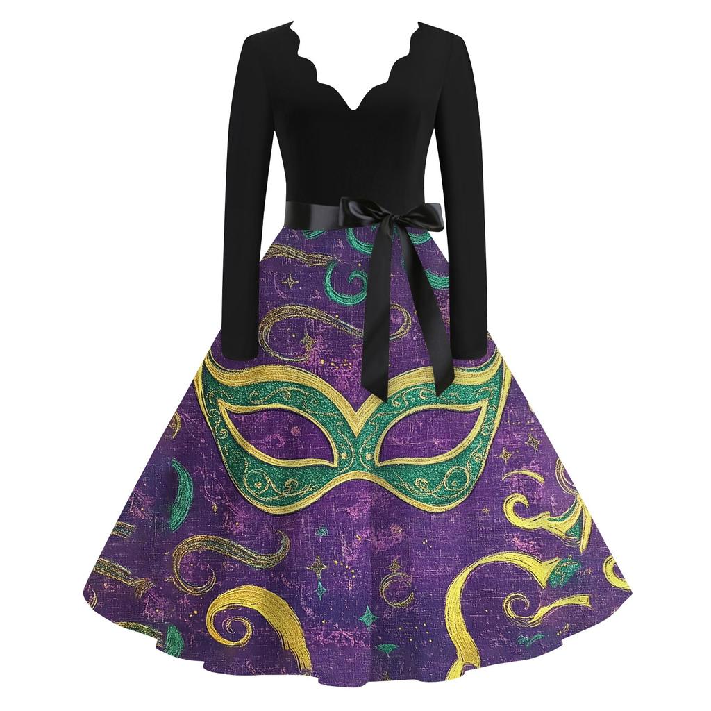 Women's Casual Fashion V-Neck Long Sleeve Carnival Print Vintage  Dress