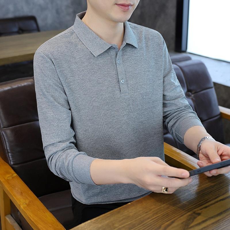 Men Solid White Lapel Long Sleeve Polo Shirt Button Collar Business Casual Top