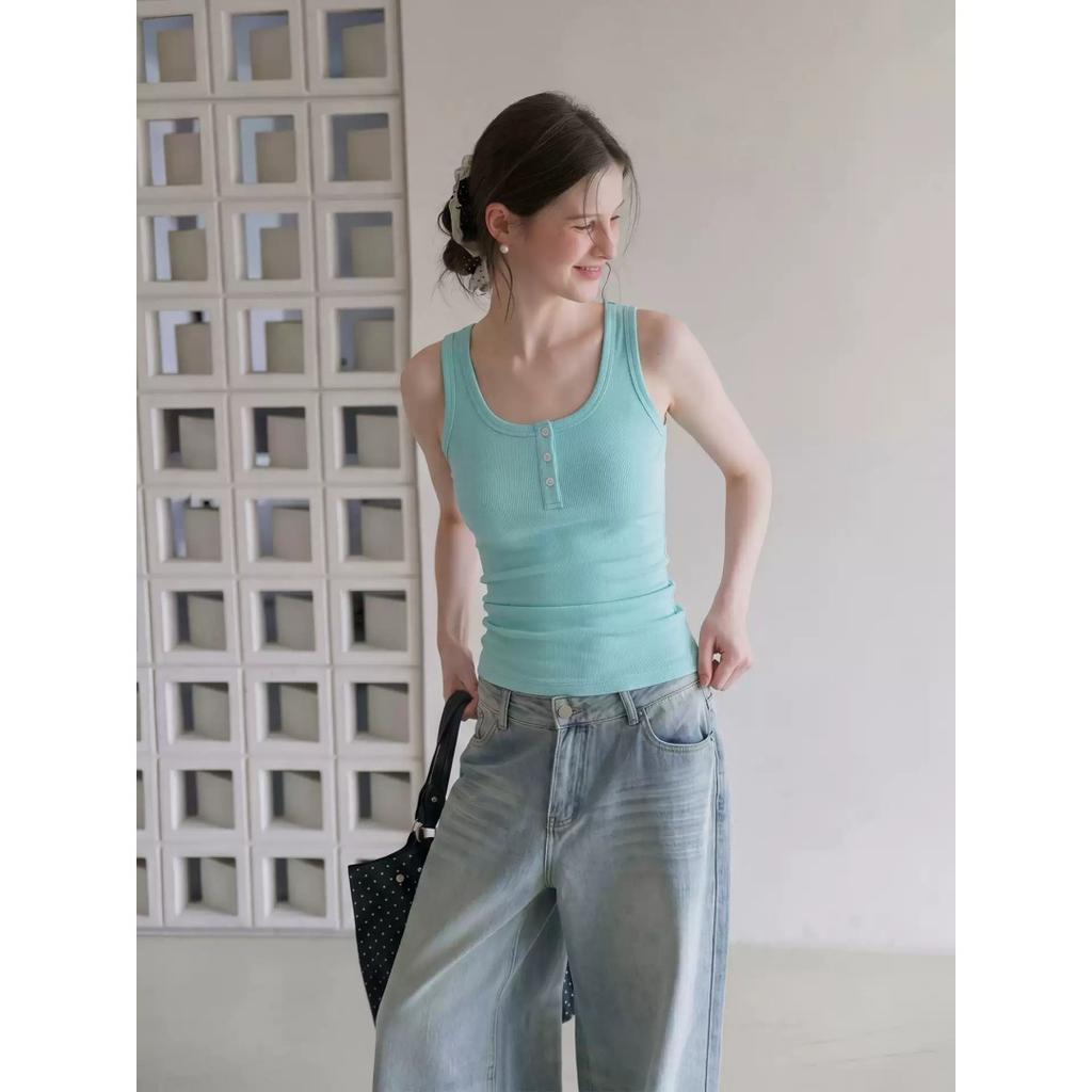 Henry collar three-button slim-fitting u-neck sling vest women's summer design sense versatile and thin sleeveless outer top