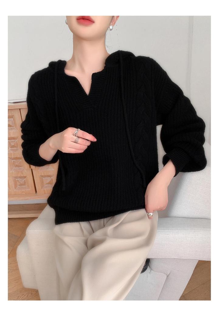 Women's Plus Size Hooded Wool Cable Knit Pullover - Slim Fit Casual Sweater for Autumn/Winter