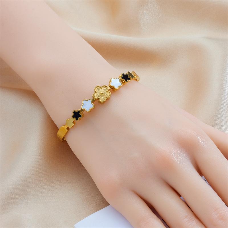 Gold Plated Clover Flower Shell Open Cuff Bangle – Dainty Vintage Jewelry, Luck Gift for Women