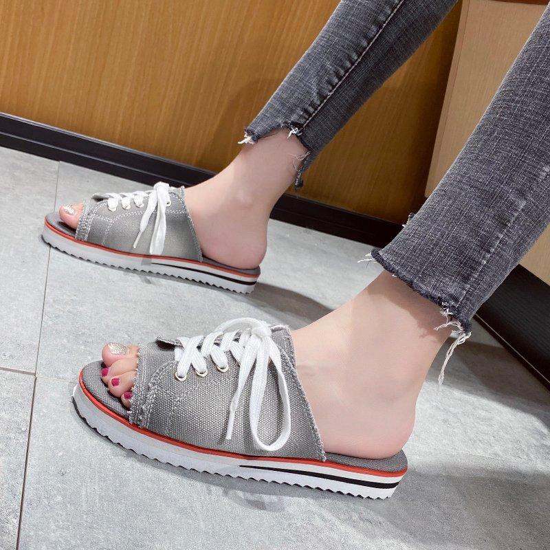 Moda Kobiety Płócienne Płaskie Pantofle 2024 Kobieta Sznurowane Damskie Peep Toe Nowe Damskie Casualowe Damskie Modne Denimowe Buty Plażowe Plus Rozmiar 35-43