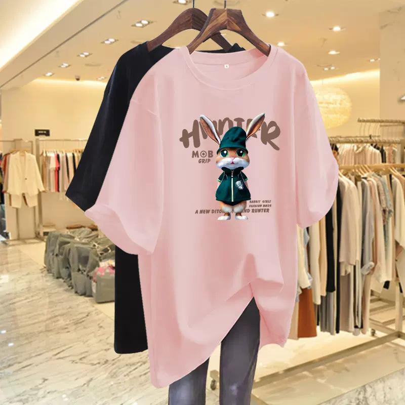 Women's Dark Green Rabbit Print Cotton T-Shirt, European Style, Mid-Length, Short-Sleeve, Spring/Summer 2024 Collection