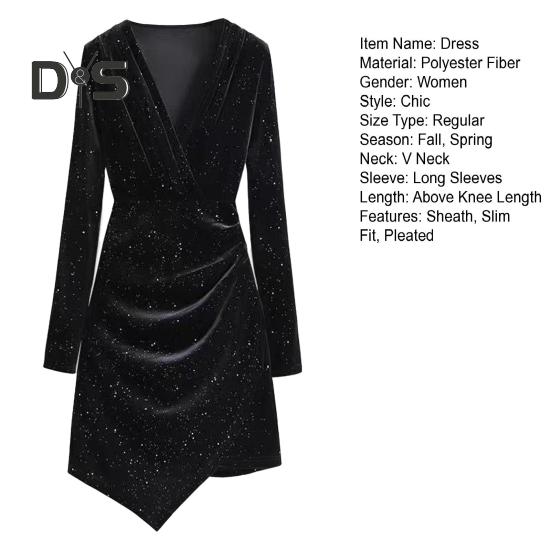 Ženy Krátké šaty Výstřih do V Dlouhé rukávy Skládaný Pure Color Slim Fit Pochva Nepravidelný lem OL Dojíždění Párty Ples Mini šaty Večerní akce