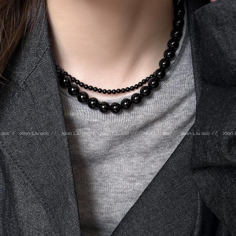 2025 Sense Layered Black Agate & Pearl Necklace - Light Luxury Women's Clavicle Chain Accessory