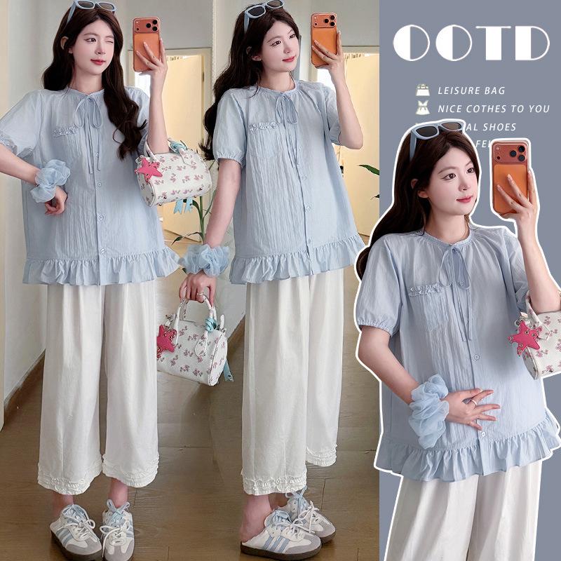 2026 Summer French Ruffled Top & Lace Straight Pants Maternity Set 2XL