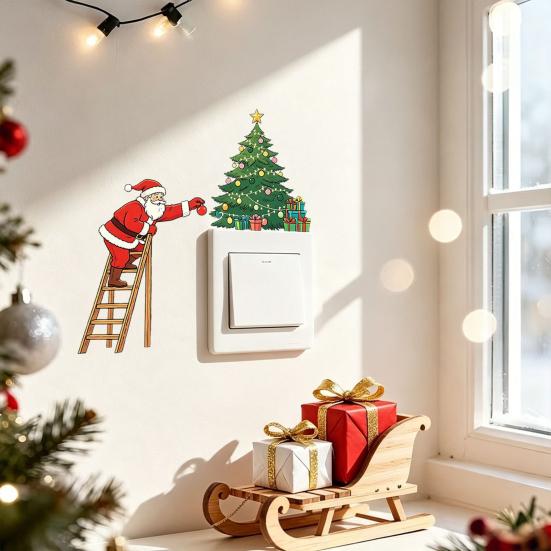 Christmas Party Atmosphere Decor Light Switch Sticker, Santa Claus Climbing Ladder Cover Funny Creative Xmas Supplies Peel & Stick Removable