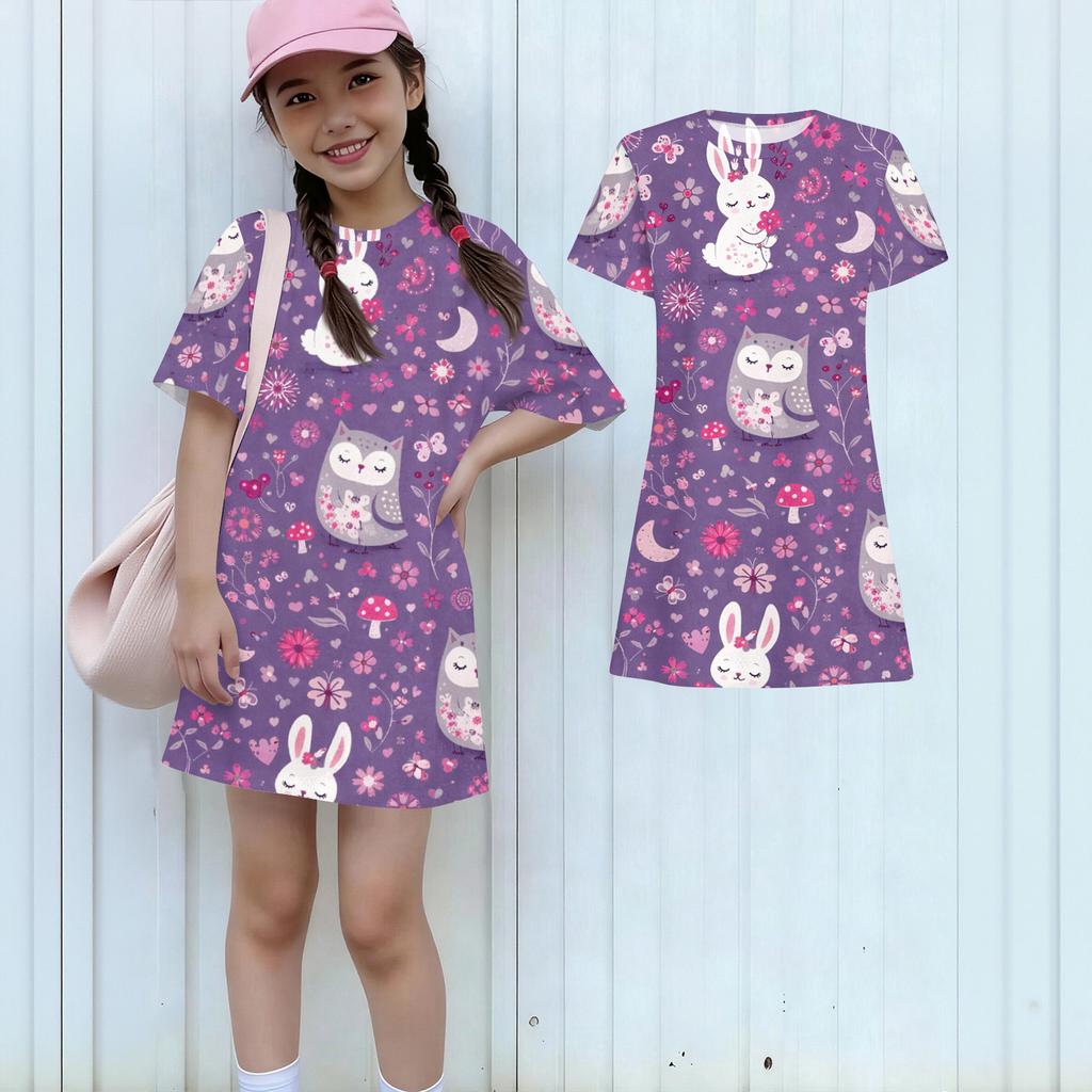 Girls Print Casual Dress Kids Loose Round Neck Short Sleeve Thin Sundress