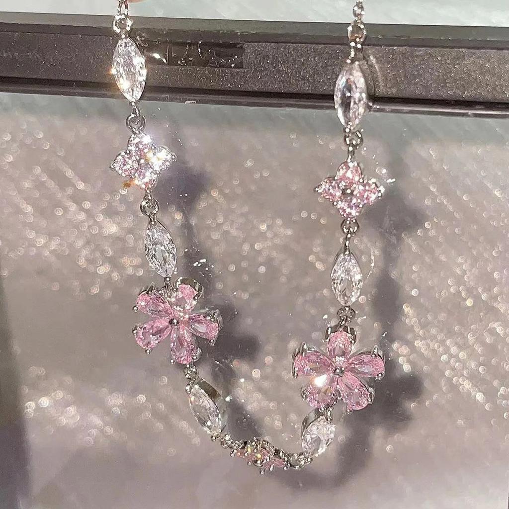 Trendy Y2K Fairy Pink Crystal Zircon Sakura Flowers Bracelet for Women Sweet Cherry Blossom Moon Bow Knot Jewelry Gifts