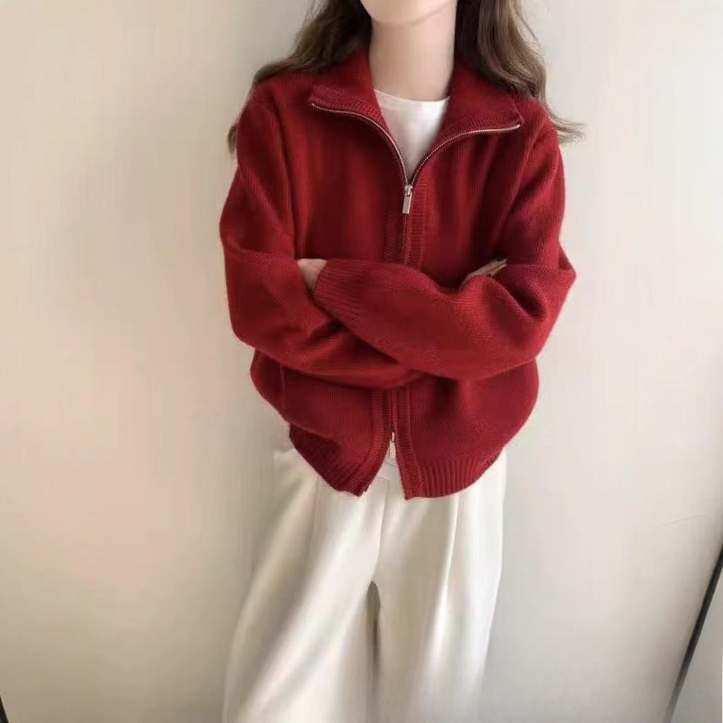 Loose Fit, Sweater, Coat, Women's, Double Zipper, Stand Up Collar, Knit, Cardigan