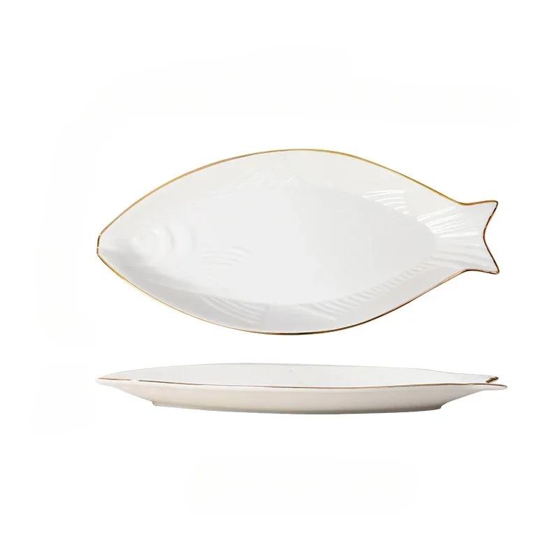 Gedämpfter Fisch Restaurant Heimküche Geschirr Porzellan Fischteller mit Goldrand Kreative fischförmige Dinner-Platte