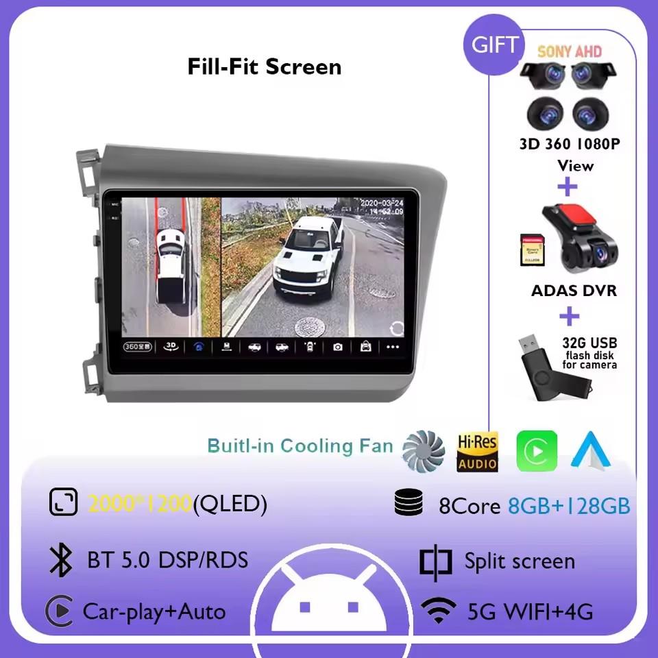 9" Android 14 Car Radio For Honda Civic RHD 2012 2013 2014 2015 Multimedia Player Carplay Auto Stereo GPS Navigation Head Unit