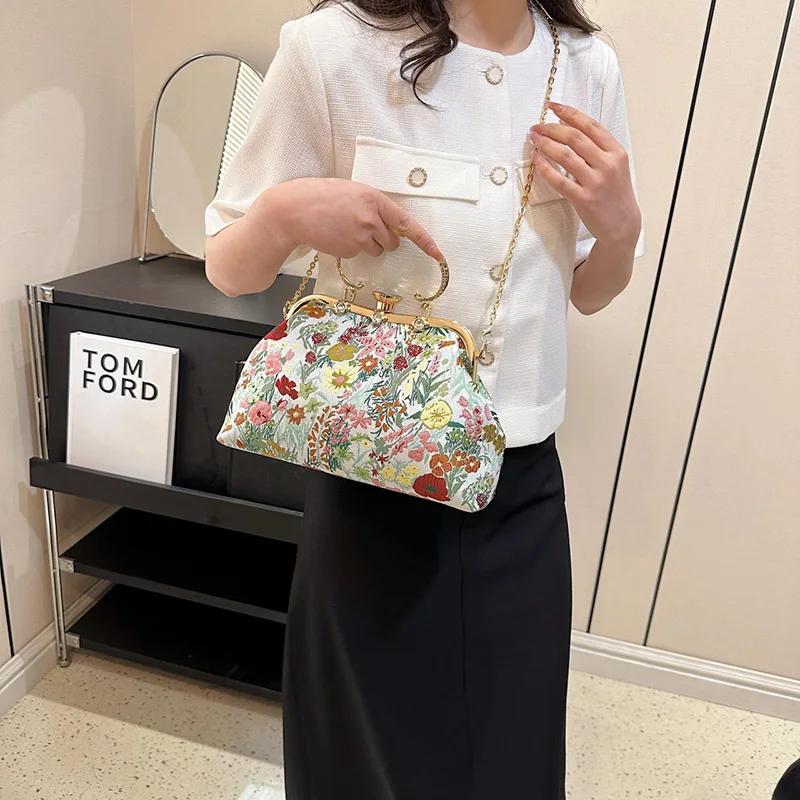 Flower Print Clutch for Women Evening Bags Ladies Chain Messenger Bags Crystal Canvas Handbags Fashion