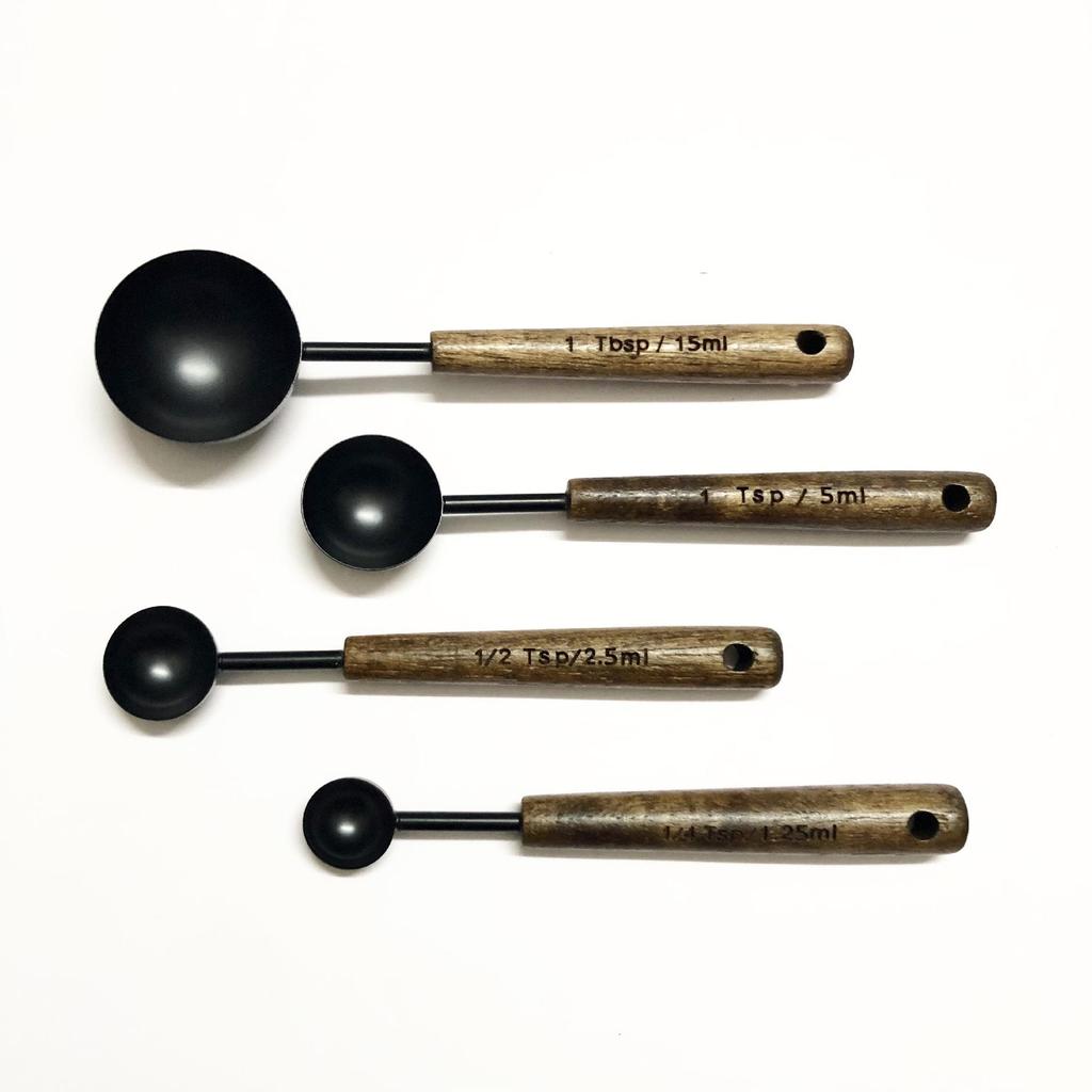 Multifunctional Oak-Handled Stainless Steel Measuring Spoon for Kitchen Baking