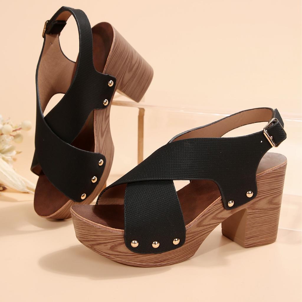 Women's Solid Color Stylish Sandals, Platform Crisscross Buckle Walking Chunky Heels, Studded Casual Daily Footwear