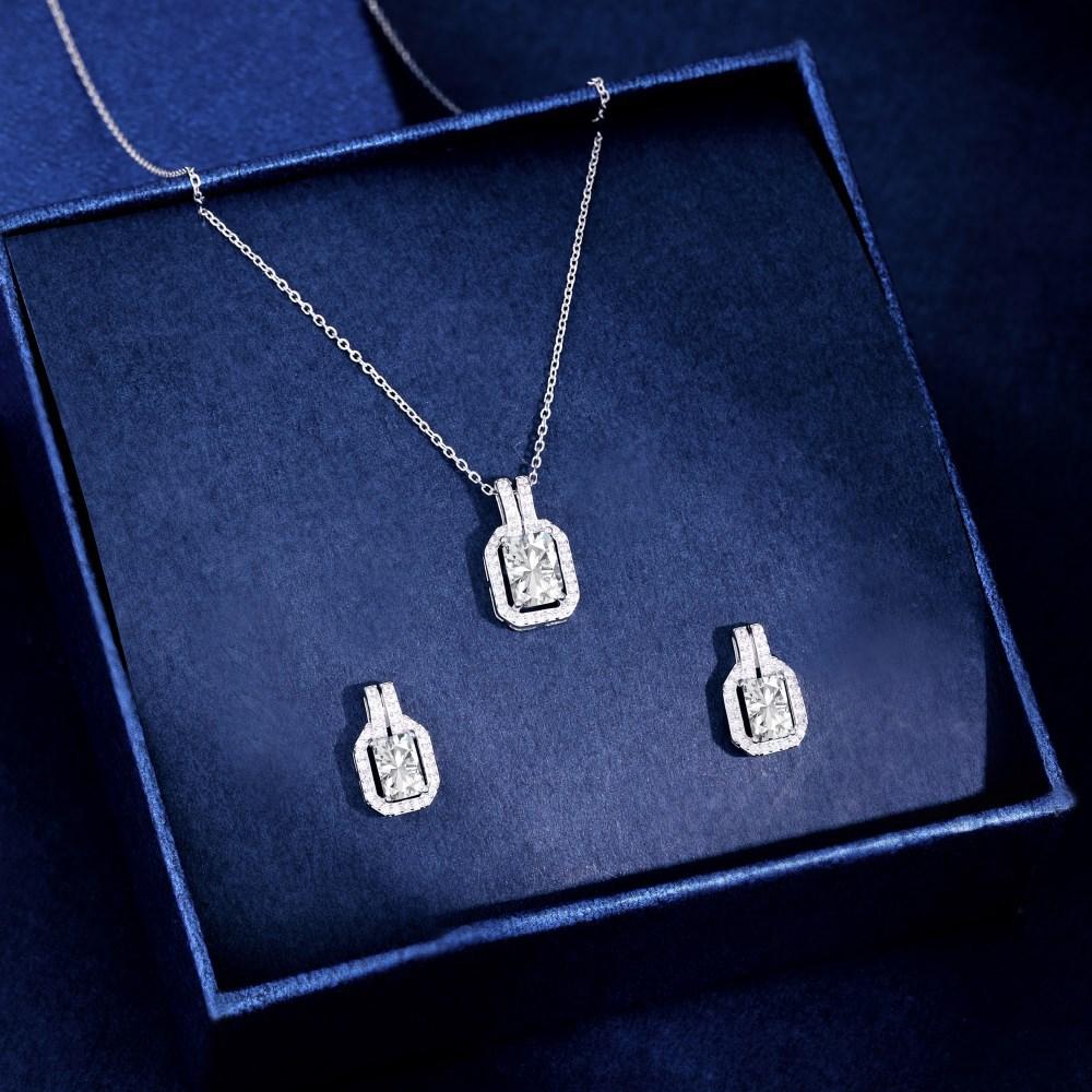 Quality 925 Silver Women's Jewelry Necklace and Earrings Fashion Bridal Colorful Zircon Square Diamond Necklace Jewelry Sets