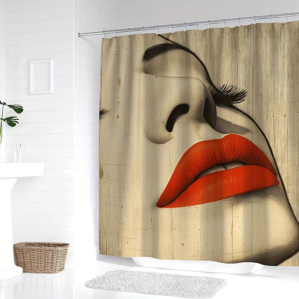 Modern Nordic-Inspired Shower Curtain - Bold Red Lips Art Print, Wooden Texture Background, Polyester, Washable, Includes Hooks