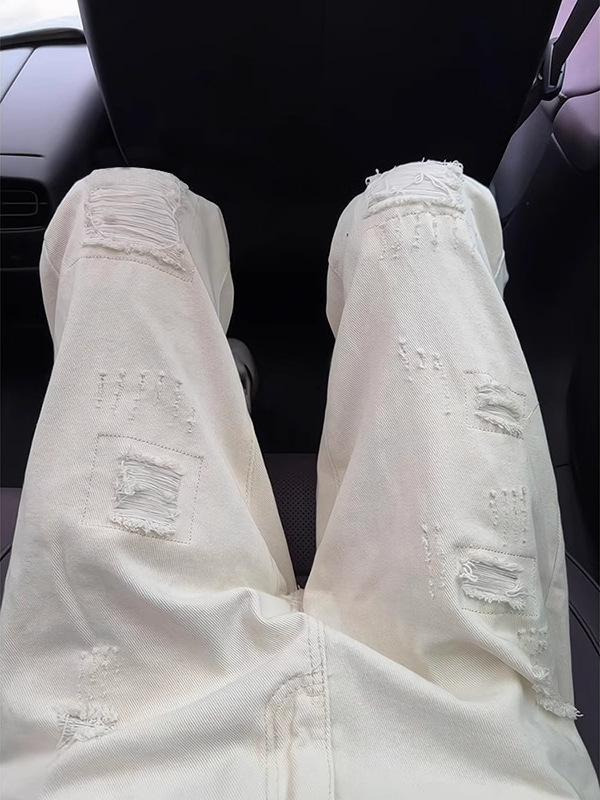 White Burrs Ripped Jeans Men's Summer American Cleanfit Beggar Pants High Waist Narrow Straight Pants