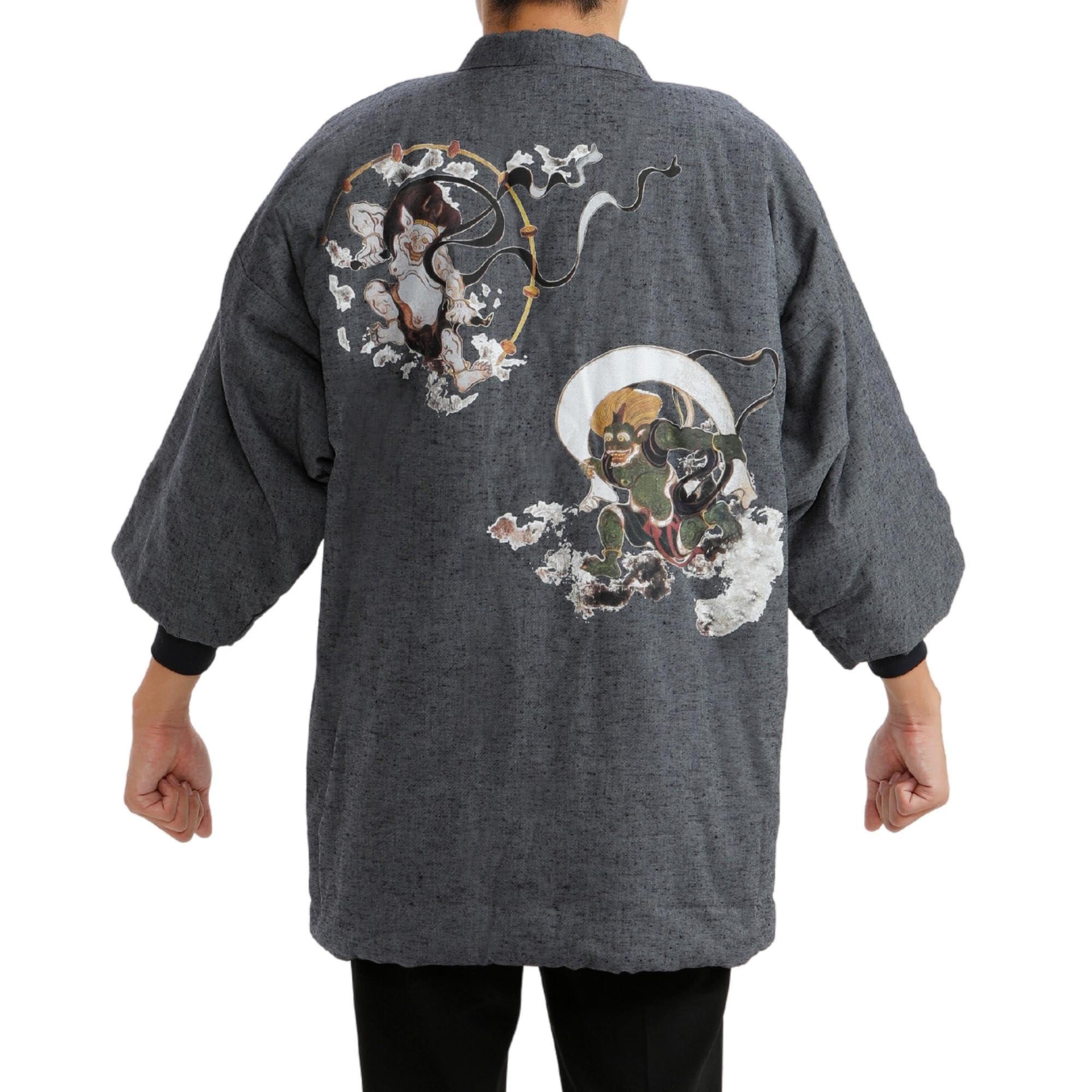

Хлопок, изготовленный в Куруме оригинальной выкройки Fujin Raijin free [Edo-ten] hanten, Chanchanko, Japan, переплетение, печать, цвет, серый,