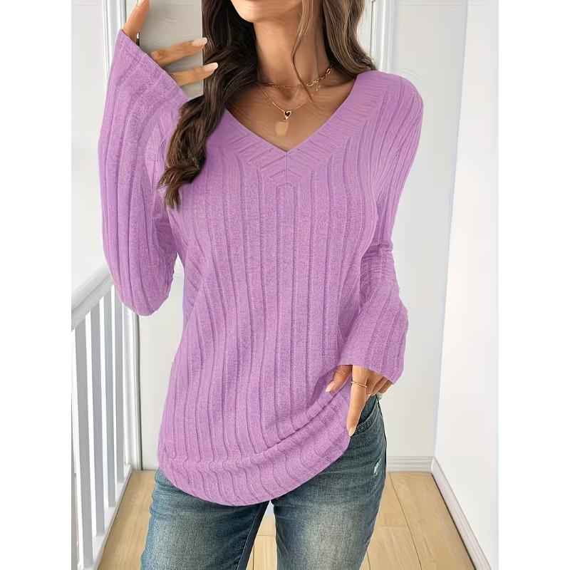 Women S Long Sleeve V Neck Ribbed Casual Autumn T Shirt