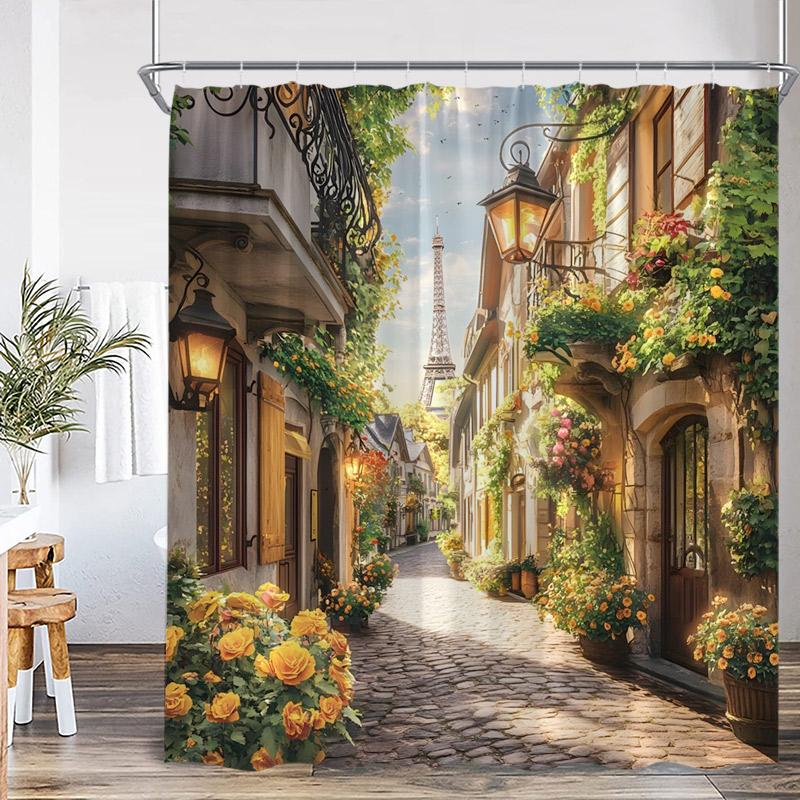 Rustic Landscape Shower Curtains Forest Lake Flowers Vintage Wooden Door Garden Scenery Fabric Home Bathroom Curtain Decor Set