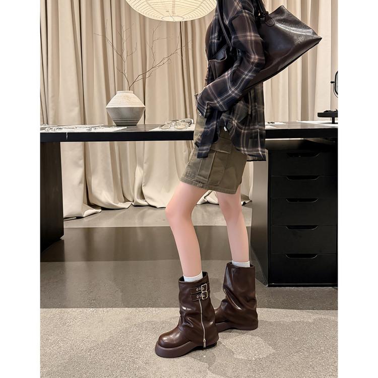 New thick-soled heightening Martin boots women's new autumn sweet and cool wind big-headed trouser boots medium tube short boots