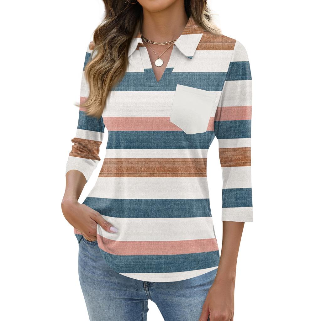 Women's Fashion Casual Lapel Short 3/4 Sleeve Print Shirt Women's Up Tops