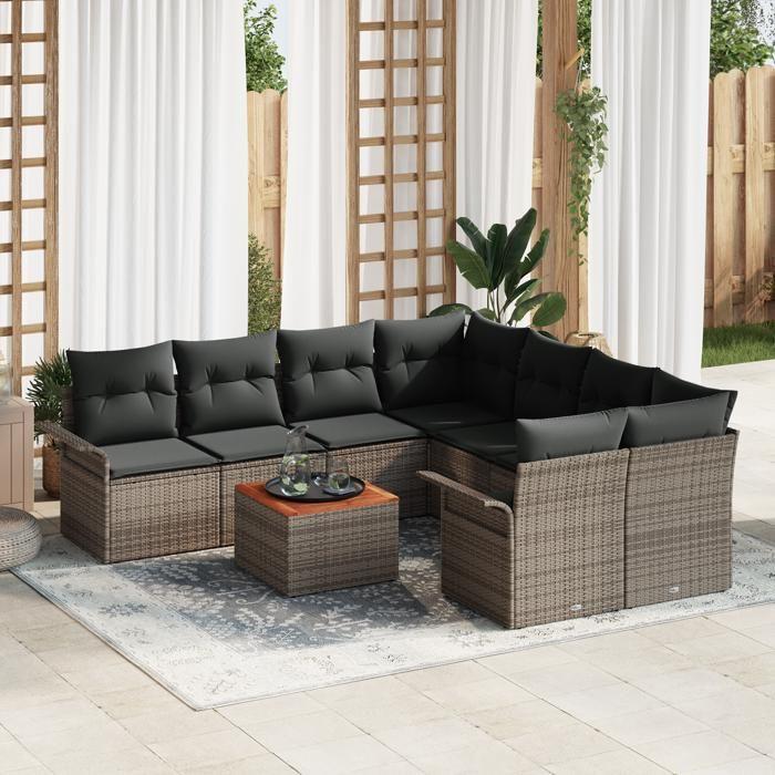 VidaXL Set de Canapé de Jardin 9 Pièces avec Coussins Gris Poly Rattan Acacia 3347307