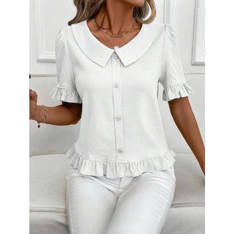 Women S Short Sleeve Blouse Doll Collar Pleated Solid Color Casual Top