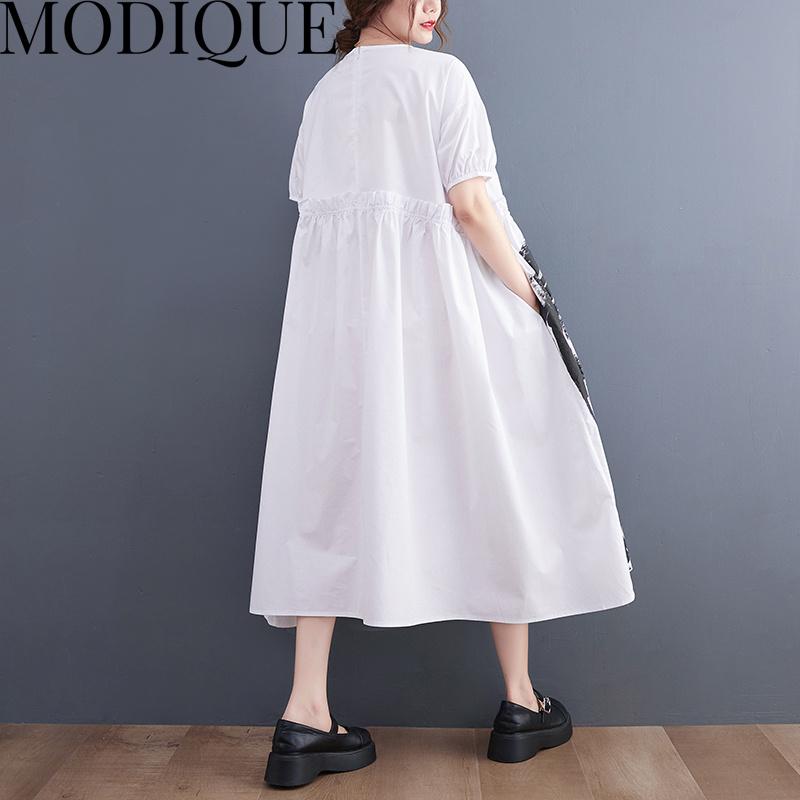 MODIQUE Sommer Pluss Størrelse Ny Kjole Skjorte Kvinner Løs Vintage Bomull Lin Patchwork Kjole Trykk Casual Damekjoler O-Hals