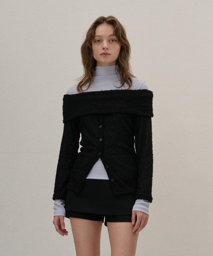Camino Terry Off-Shoulder Knit Cardigan Black